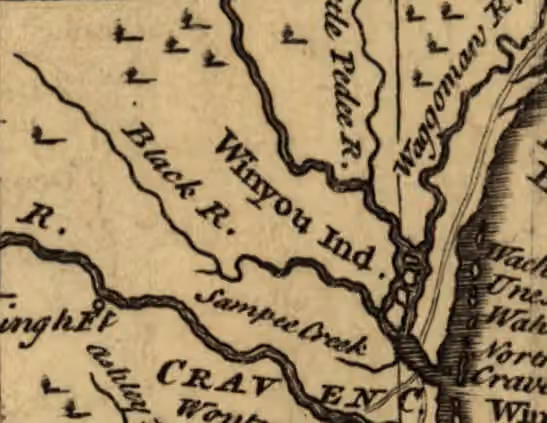Winyah — A Close up of Emanuel Bowen's 1752 map of the Carolinas depicting the Location of the Winyah 'Winyou' Indians.