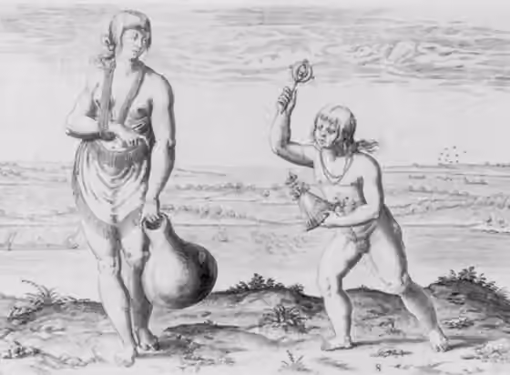 Pamlico — Native woman of Pomeiock carrying a clay vessel, and her daughter holding a doll and a rattle.