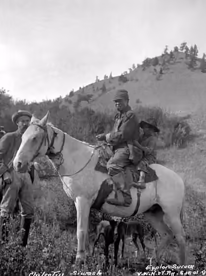 Tsilhqotʼin — Chilcotin natives on horse, Cariboo Region, B.C., Canada