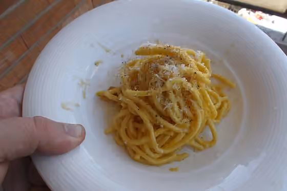 Roman cuisine — Carbonara made with spaghetti alla chitarra.