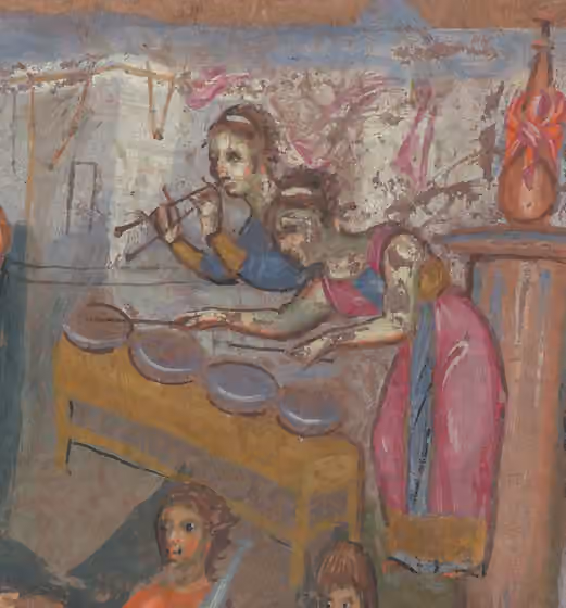 Byzantine music — Double aulos and the oksivafon, detail from Vienna, Österreichische Nationalbibliothek, Theol Greek 31, folio 17v, 6th century Two women playing musical instruments, the tibia and the oksivafon (bowls of metal or glass, played with two…